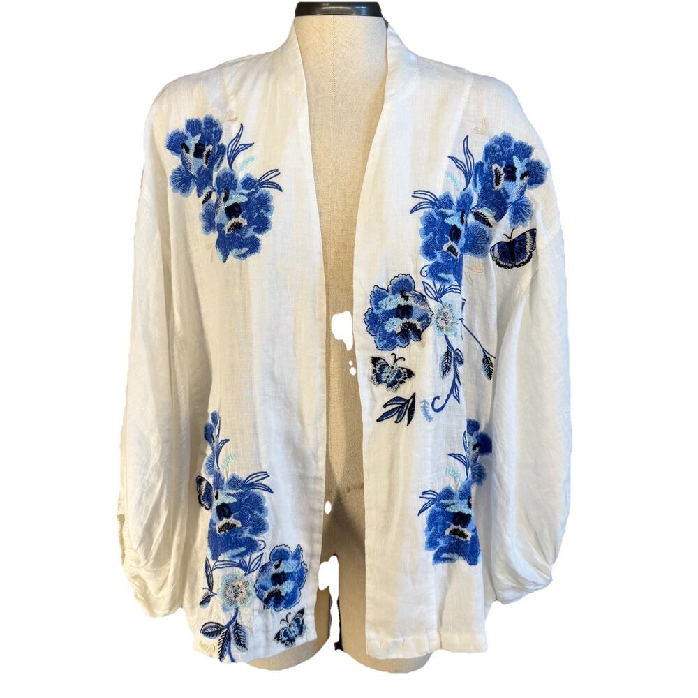 Sundance XS/S Embroidered Linen Kimono Coat Blue Floral Bird Blue Butterflies